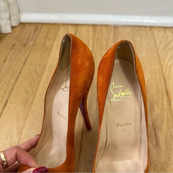 Christian Louboutin Suede Peep Toe Heels - Picture 6 of 10